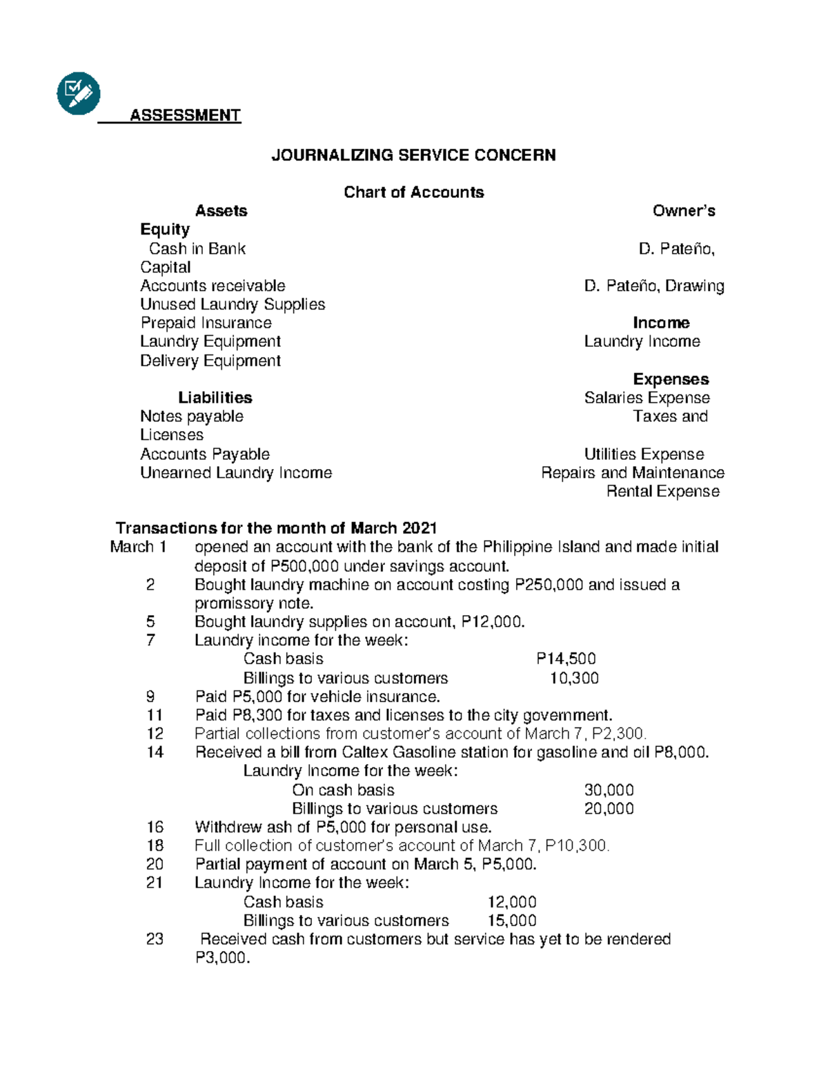 Activity 7 - ASSESSMENT JOURNALIZING SERVICE CONCERN Chart of Accounts ...