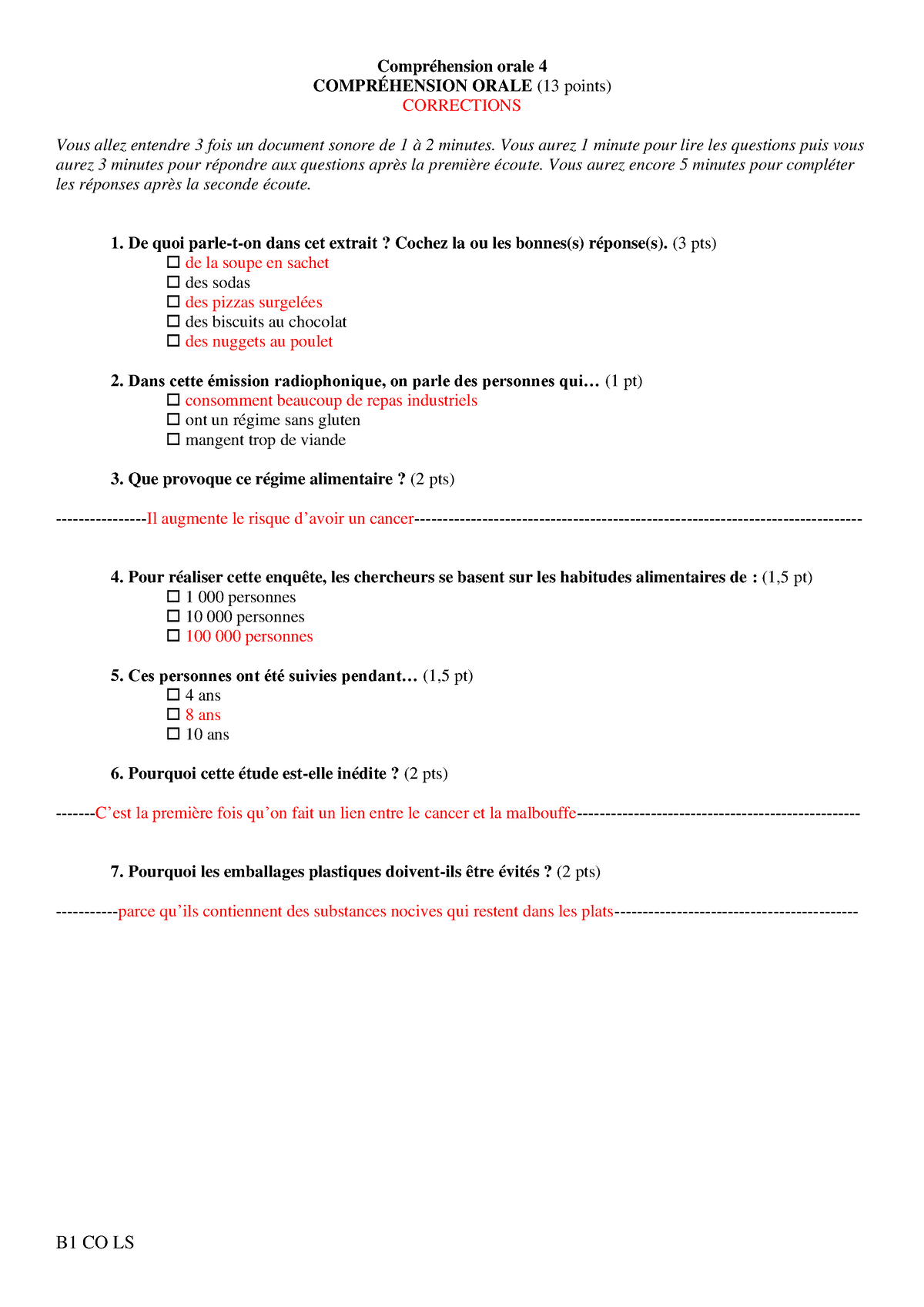 CO Les Emballages Plastiques AVEC Corrections - B1 CO LS Compréhension ...