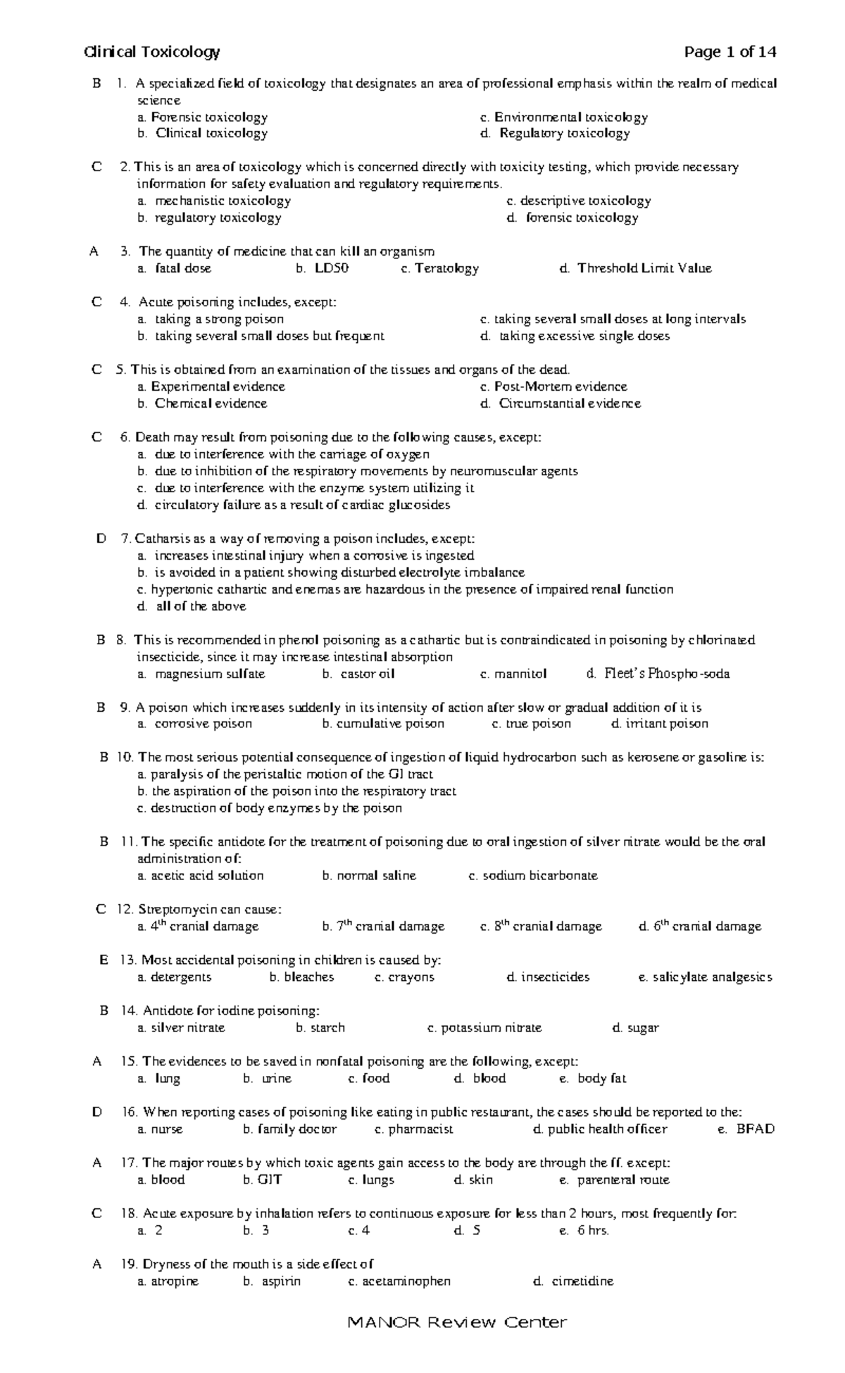 Pacop 2000 Module 4 - B 1. A Specialized Field Of Toxicology That 