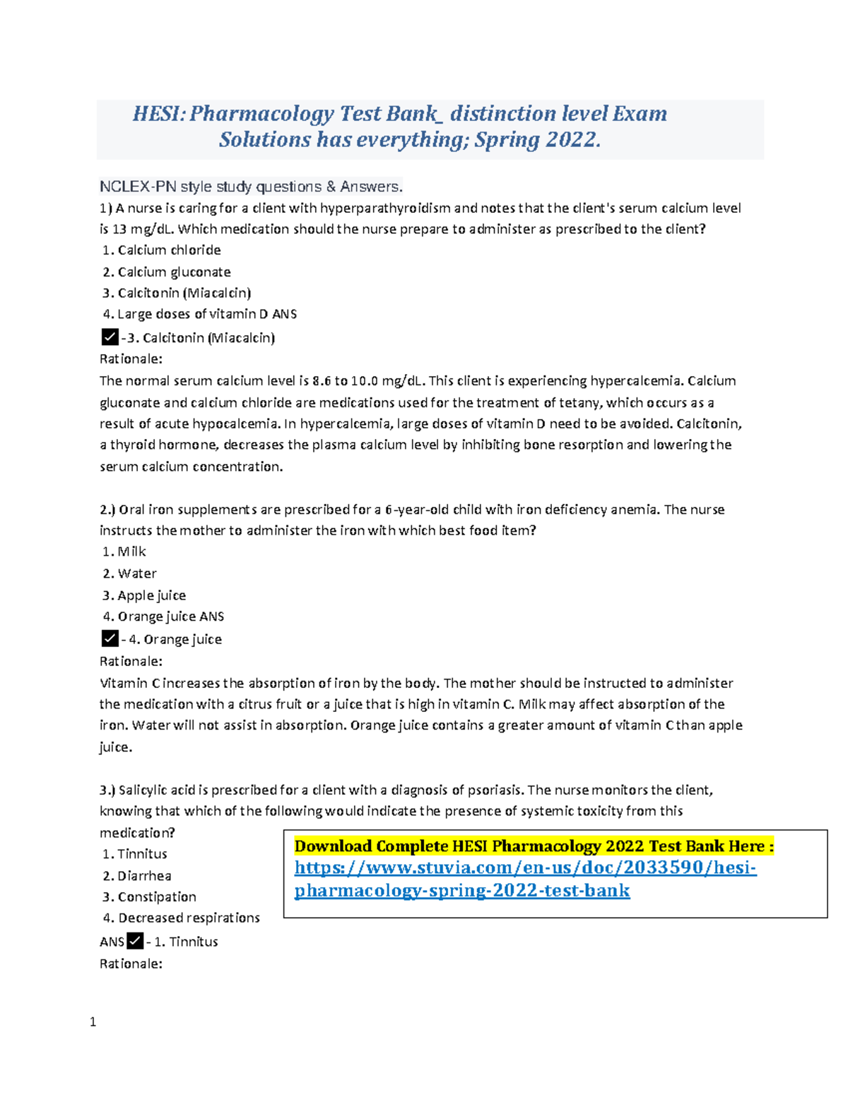 HESI Pharmacology Spring 2022 Test Bank 1 NCLEXPN style study