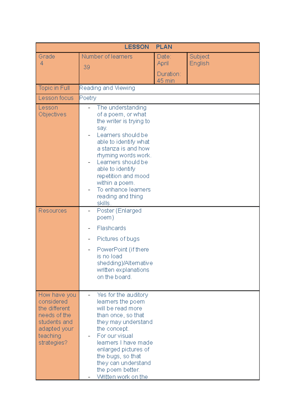 English poetry 2023 LESSON PLAN Grade 4 Number of learners 39 Date