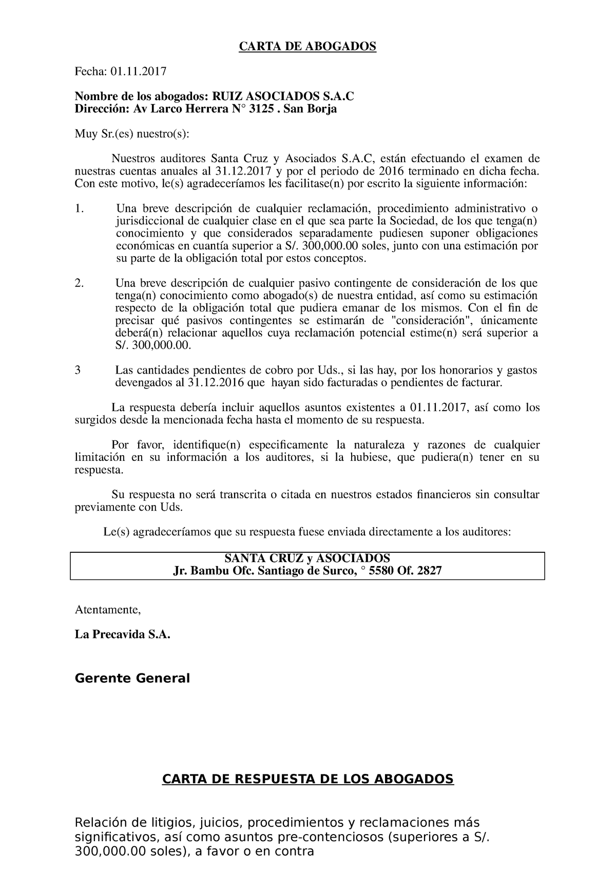 Carta DE Confirmacion AL Abogado - Auditoría 1 