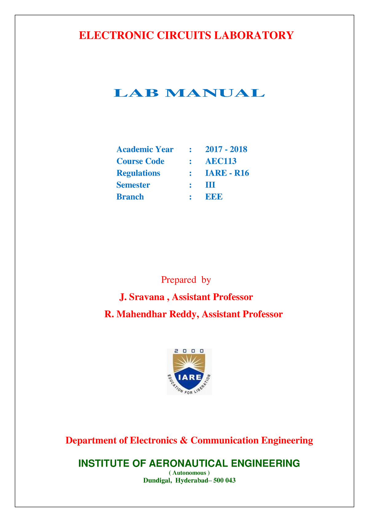 Electronic Circuit Laboratory Manual - ELECTRONIC CIRCUITS LABORATORY ...