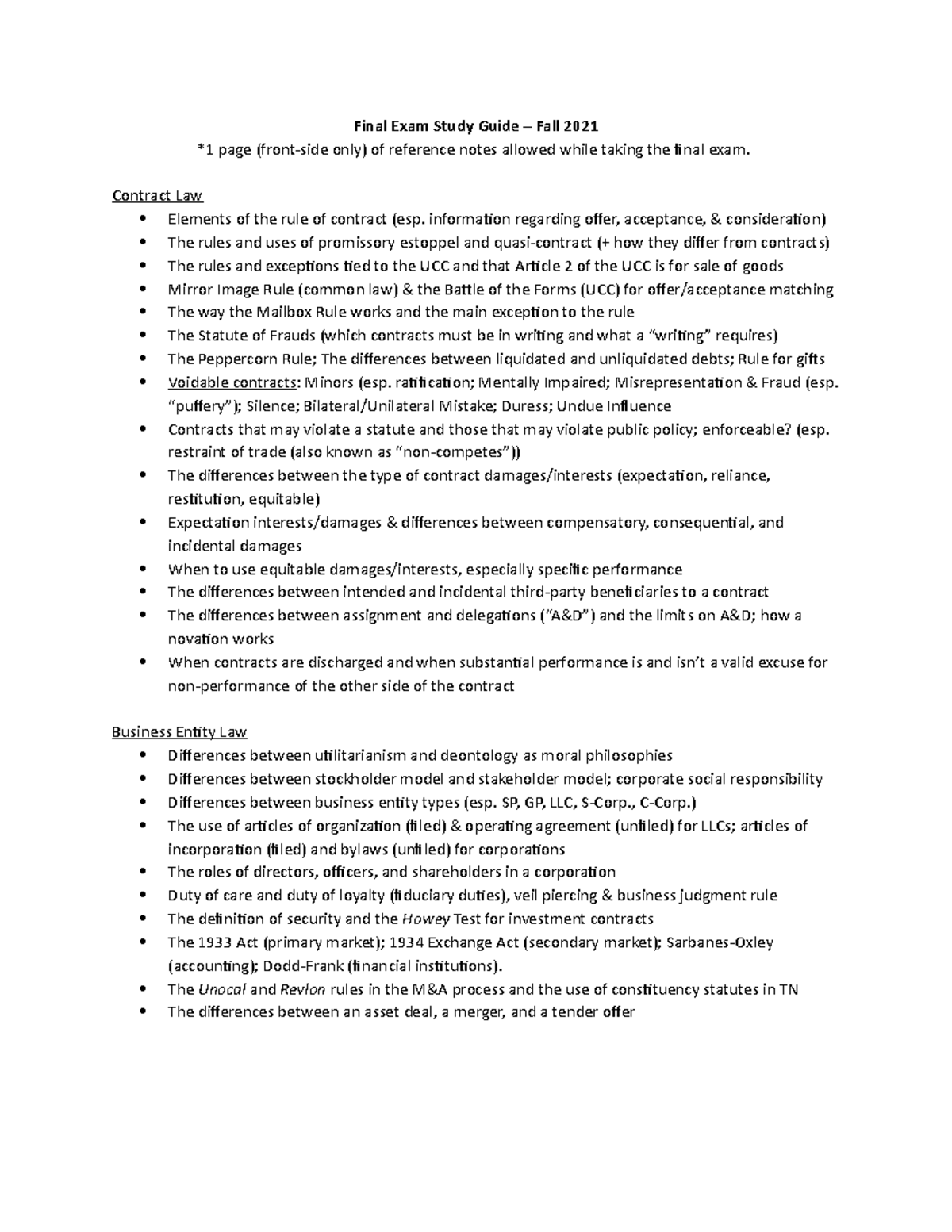 Business Law Final Exam Study Guide Fall 2021 (Murray) - Final Exam ...