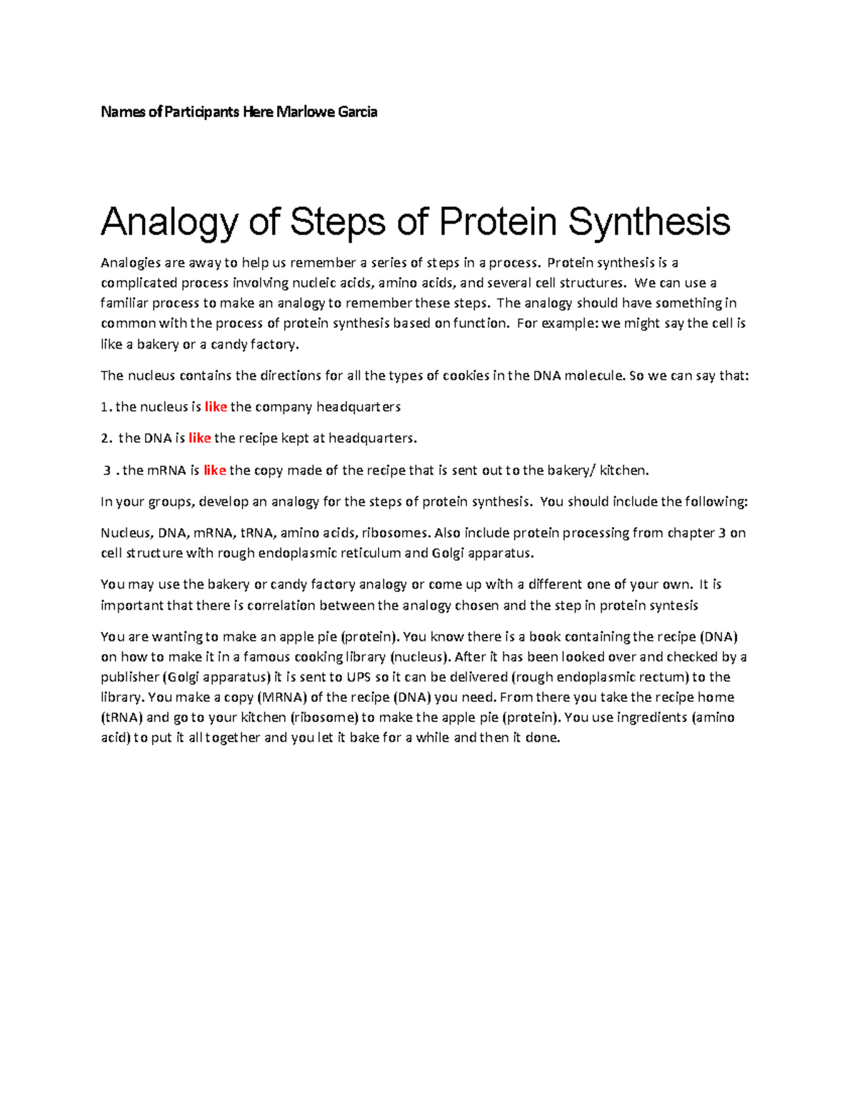 Protein synthesis - Assignment answer for professor Mcpherson - Names ...