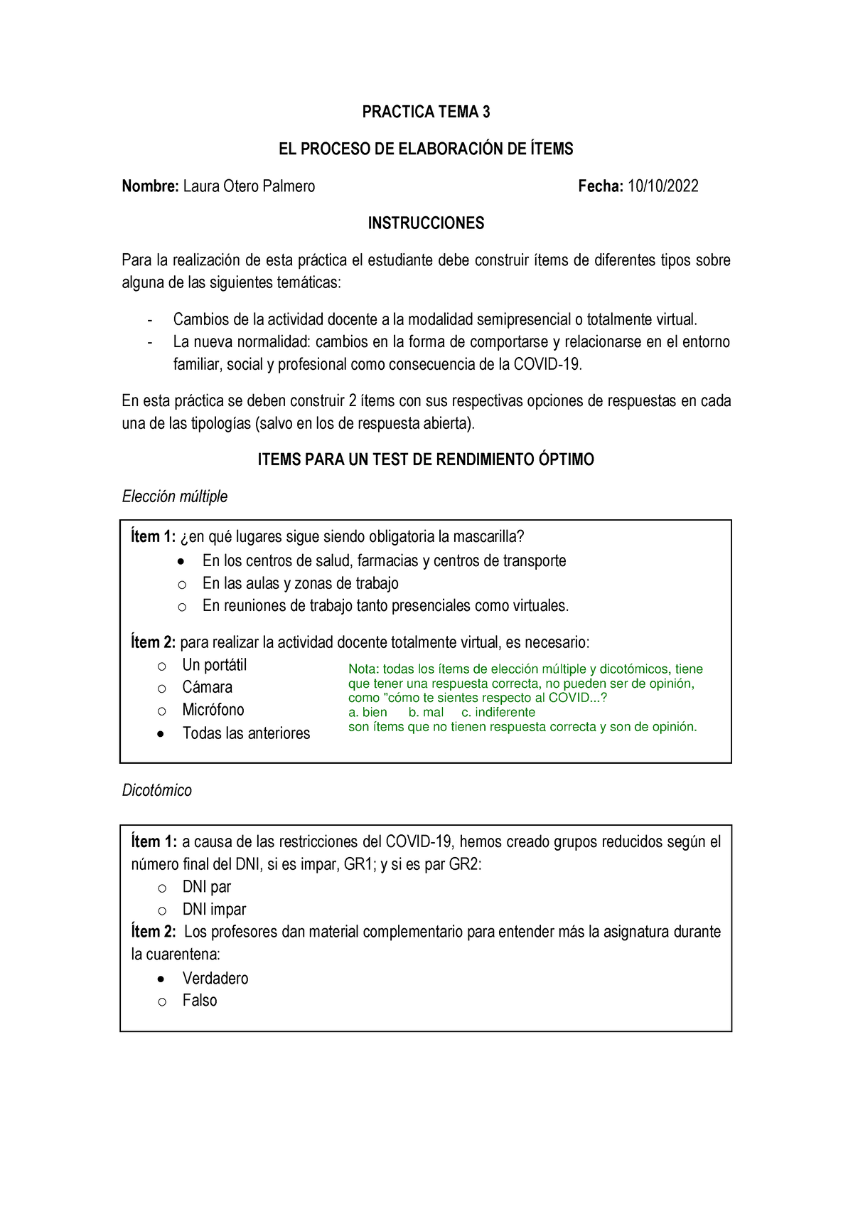 Practica 2 T3 Psicometría - PRACTICA TEMA 3 EL PROCESO DE ELABORACI”N ...