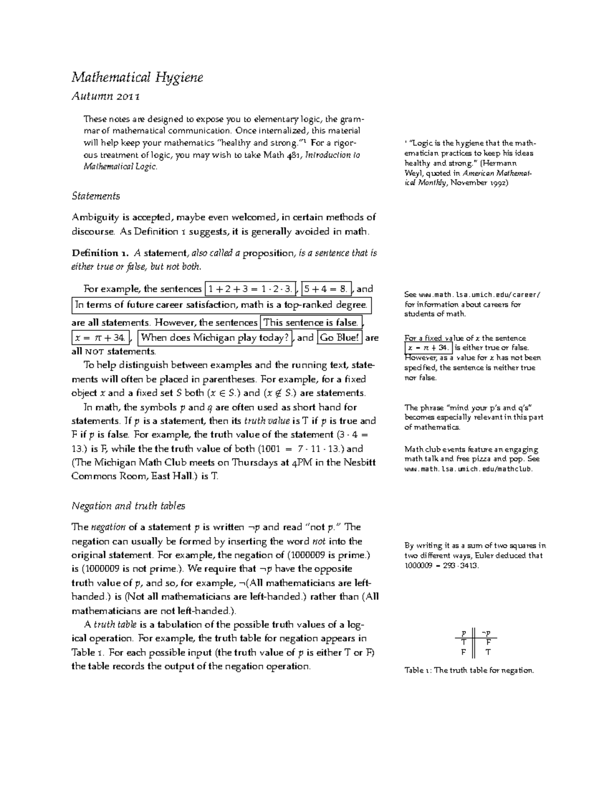 Mathematical+Hygiene - Mathematical Hygiene Autumn 2011 These notes are ...