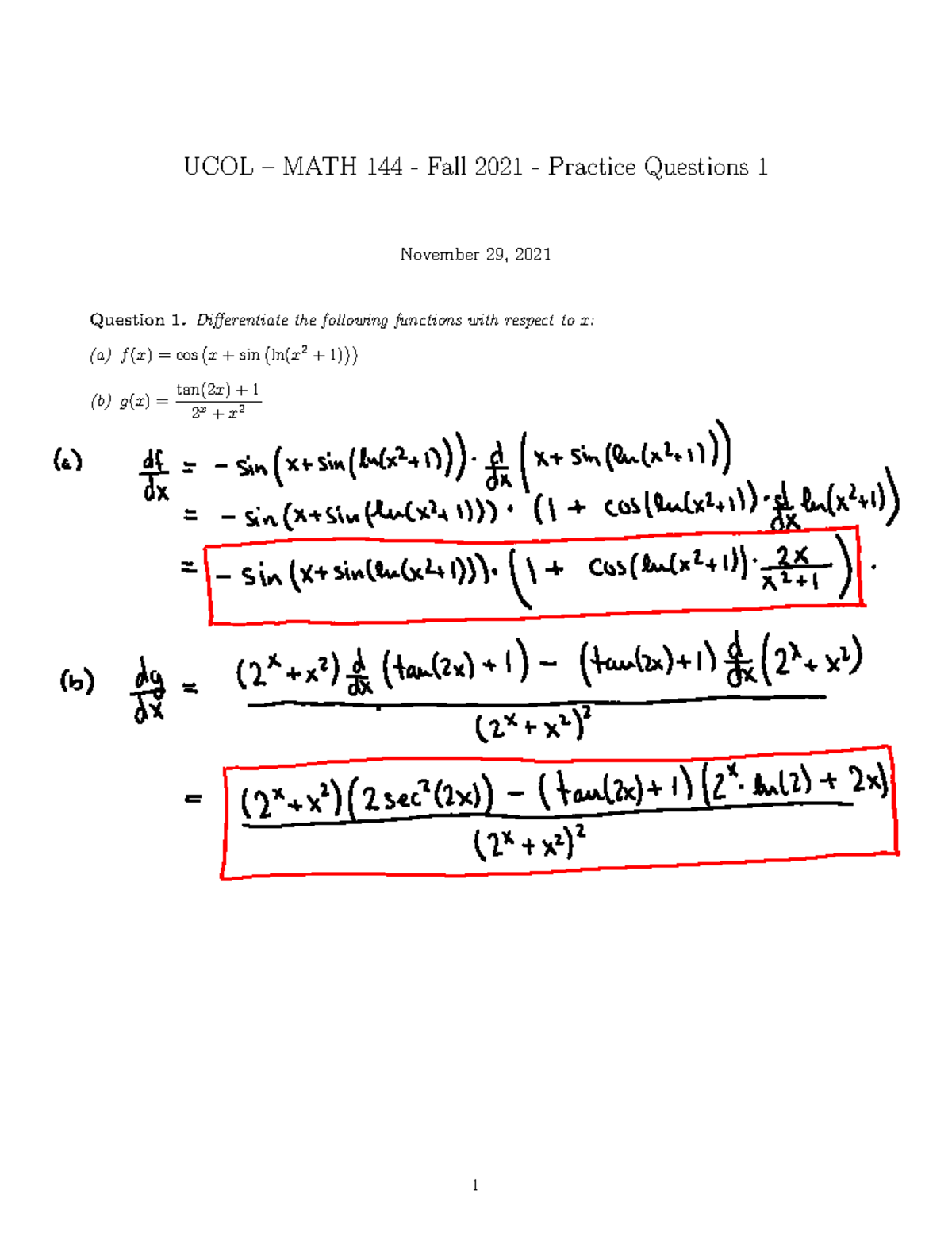 Sample 1 Solutions 2021 Ucol Math 144 Fall 2021 Practice Questions 1 November 29 2021 2745