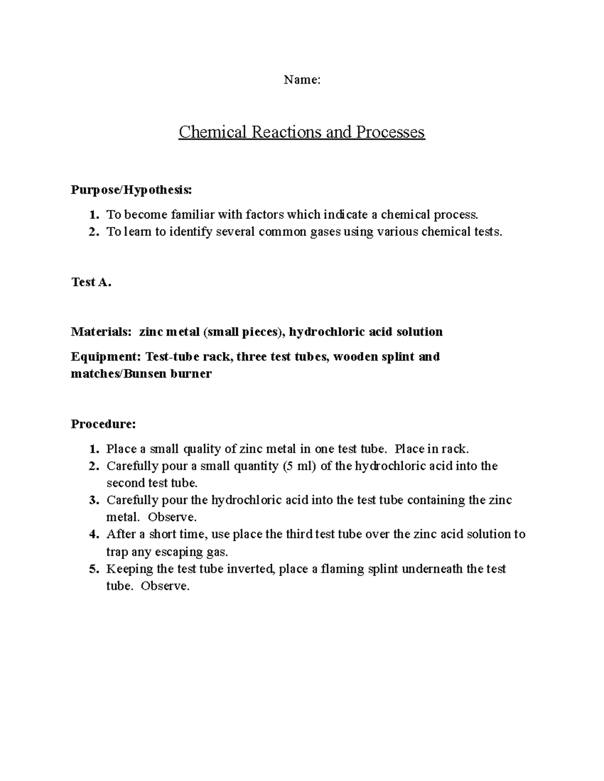 Grade 10 Chemical Reaction Lab - Food and Nutrition 1 - UWO - Studocu