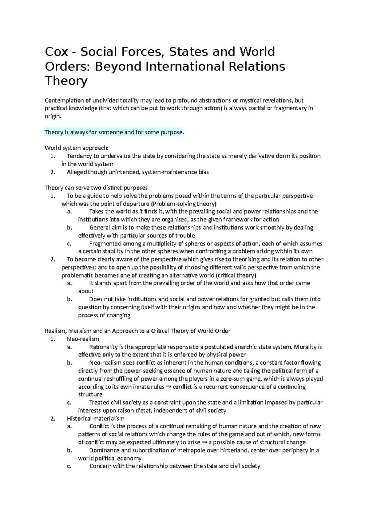Reading summary for Cox Cox Social Forces, States and World Orders Beyond International