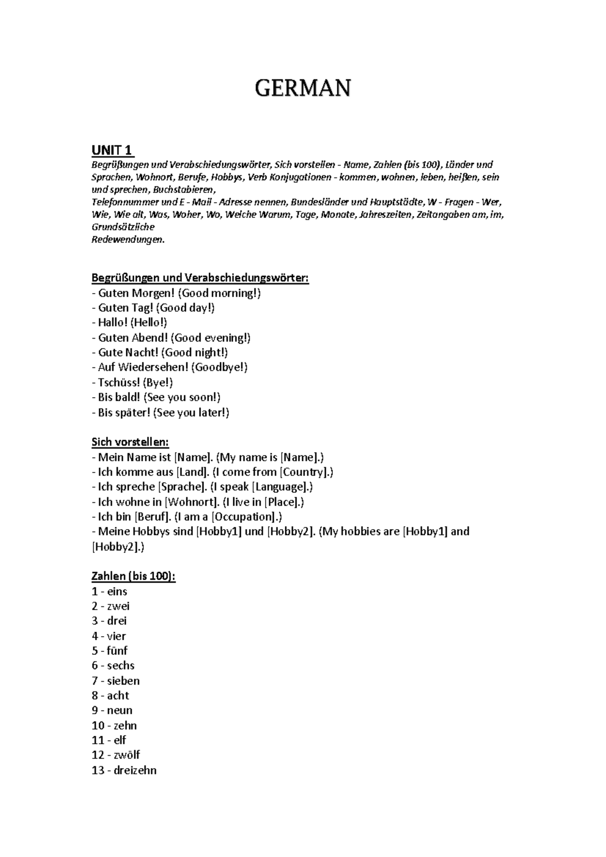 German Notes - UNIT 1 Begrüßungen und Verabschiedungswörter, Sich ...