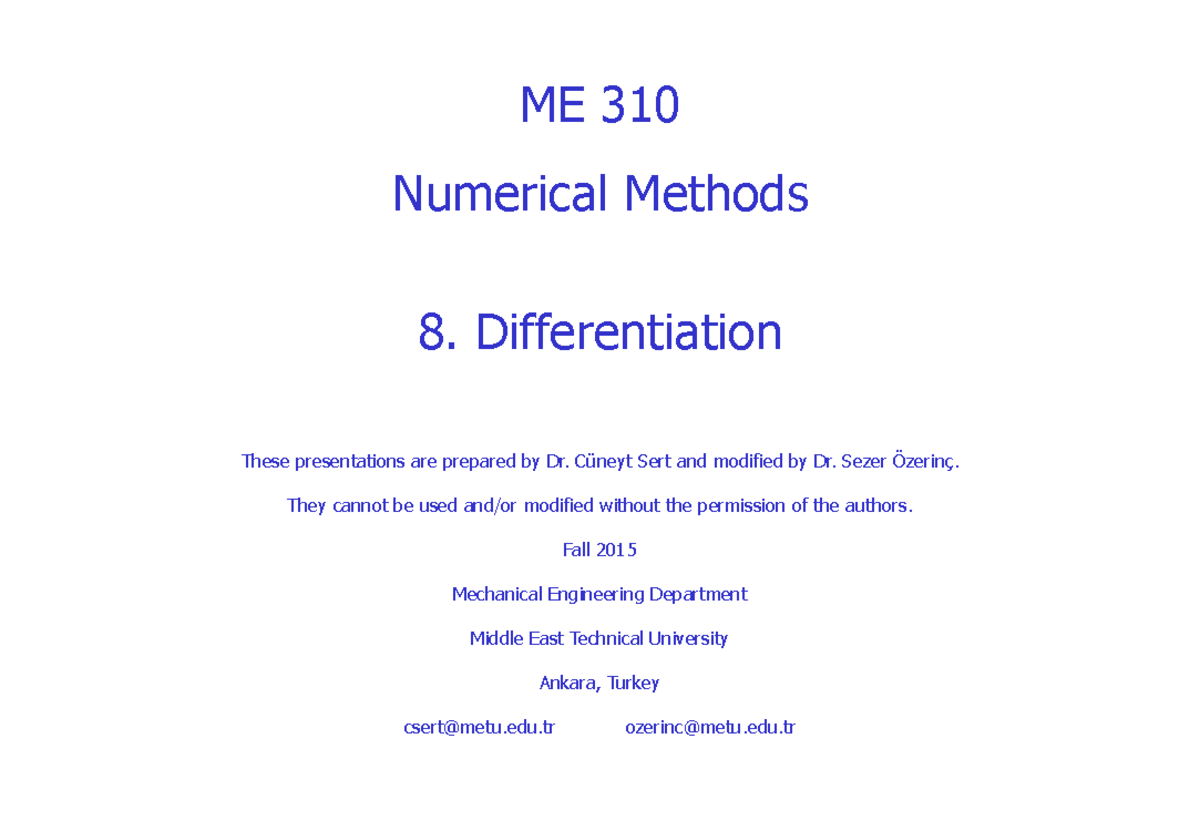 8 Differentiation Numerical Methods Me 310 Numerical Methods 8