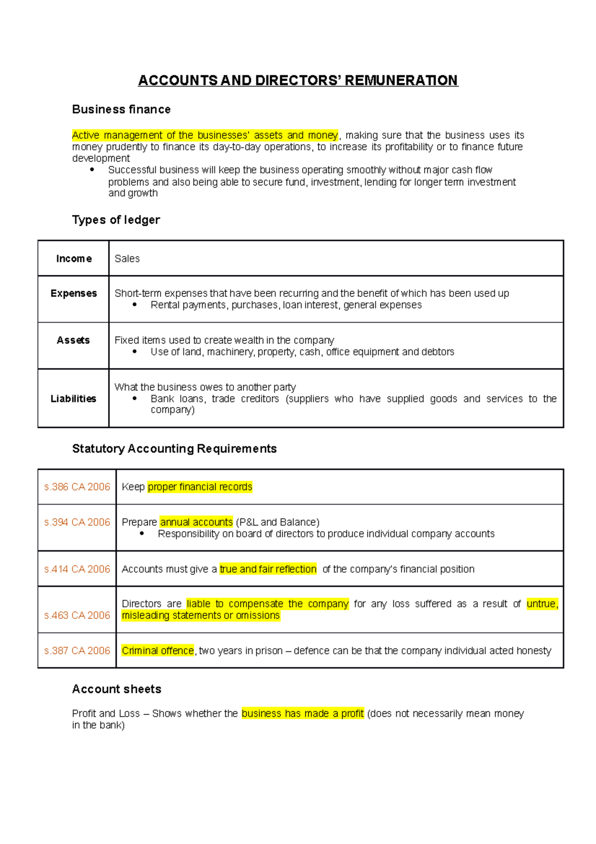 Companies, Governance, Tax & Insolvency Notes - ACCOUNTS AND DIRECTORS ...