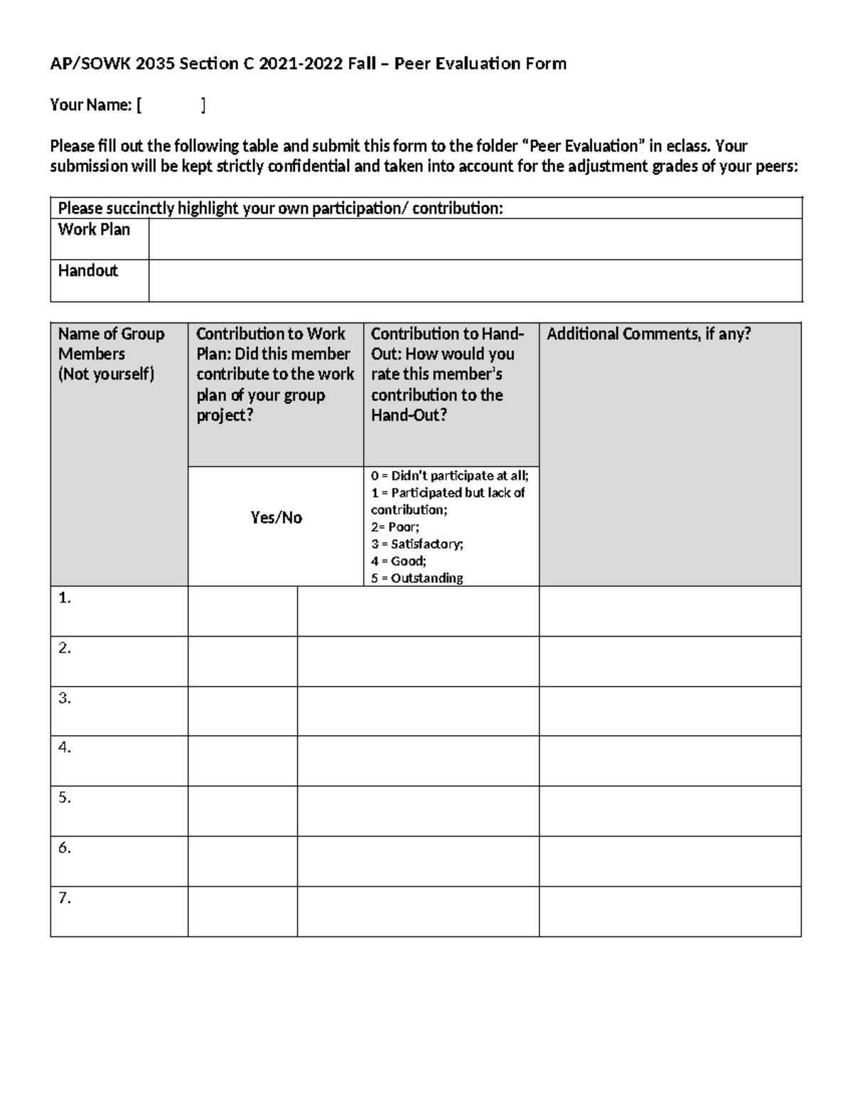 Apsowk 2035 - Peer Evaluation Form - AP/SOWK 2035 Section C 2021-2022 ...