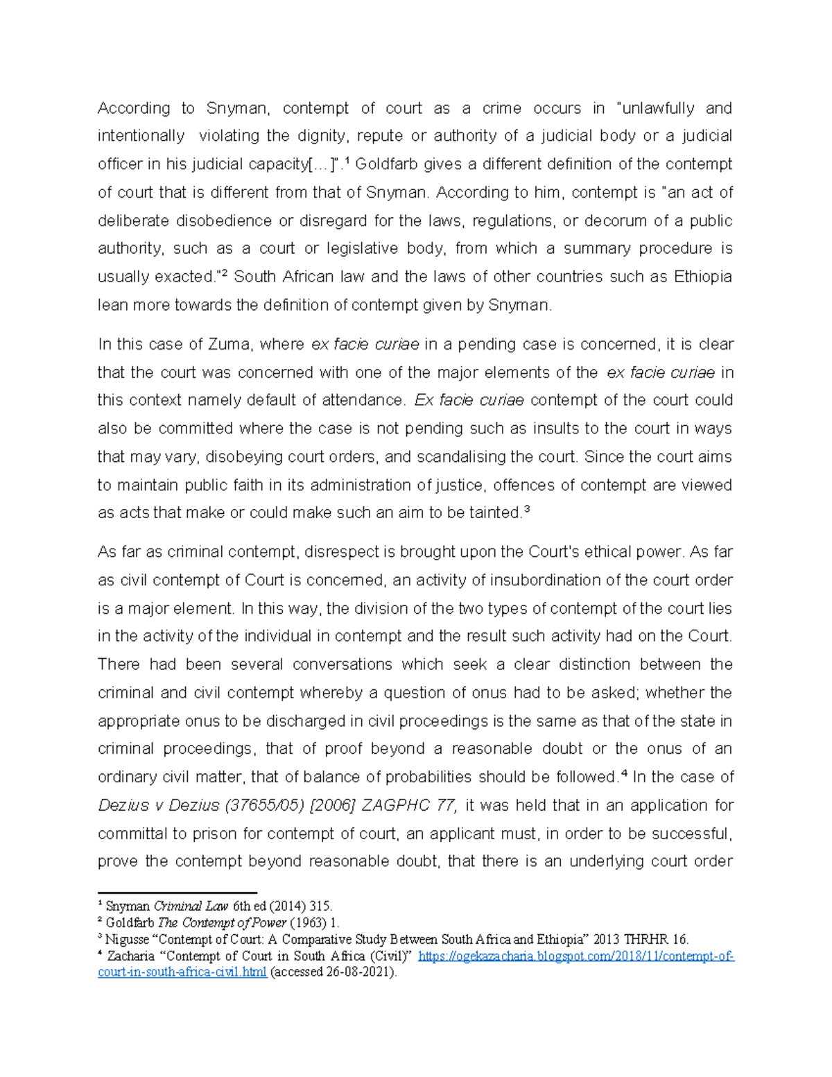 Criminal B Assignment ON Contempt - According to Snyman, contempt of ...