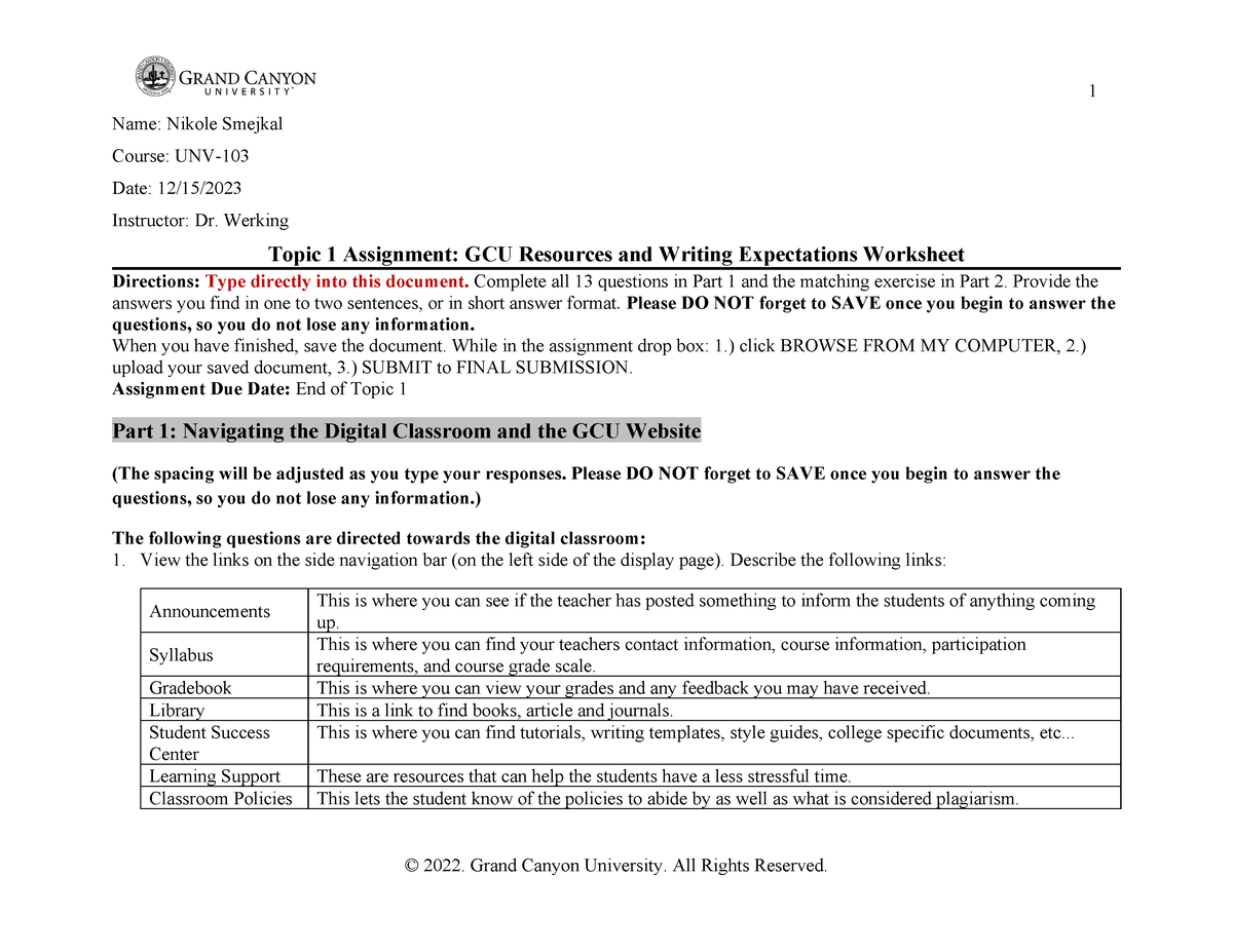 UNV 103 RS T1 Resources Worksheet Online - Name: Nikole Smejkal Course ...