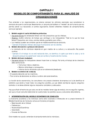 Resumen completo del Tema 1 de Economía de Empresa I - CAPÍTULO 1 MODELOS  DE COMPORTAMIENTO PARA EL - Studocu