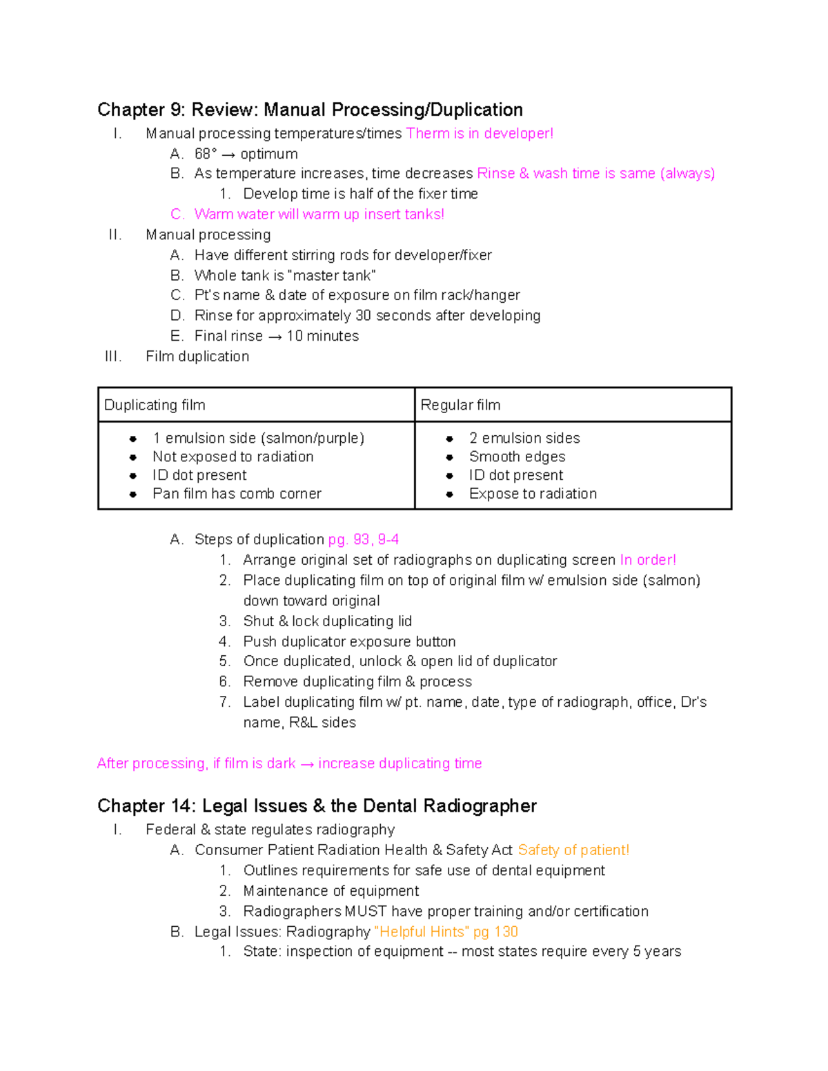 DH 219 Dental Hygiene Radiology notes from textbooks, class