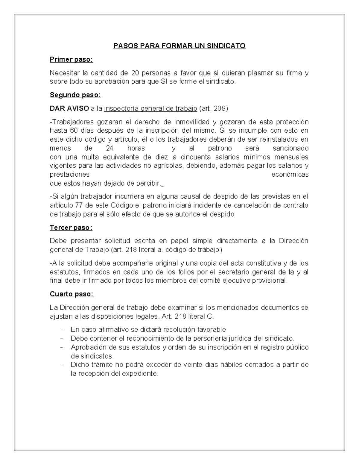 Pasos PARA Formar UN Sindicato - PASOS PARA FORMAR UN SINDICATO Primer ...