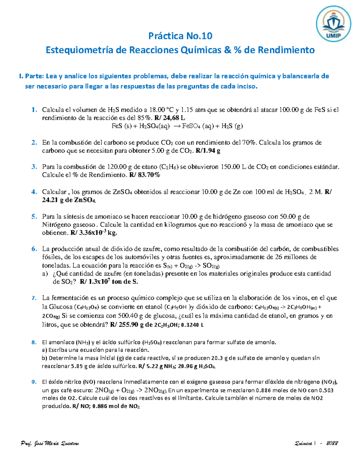 Pr Ctica De Estequiometr A Y Rendimiento Prof Jos