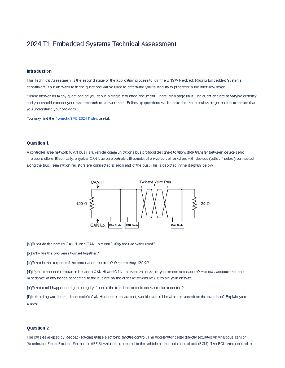 Redback Racing 2024 T1 Embedded Systems Technical Assessment - 2024 T1 ...