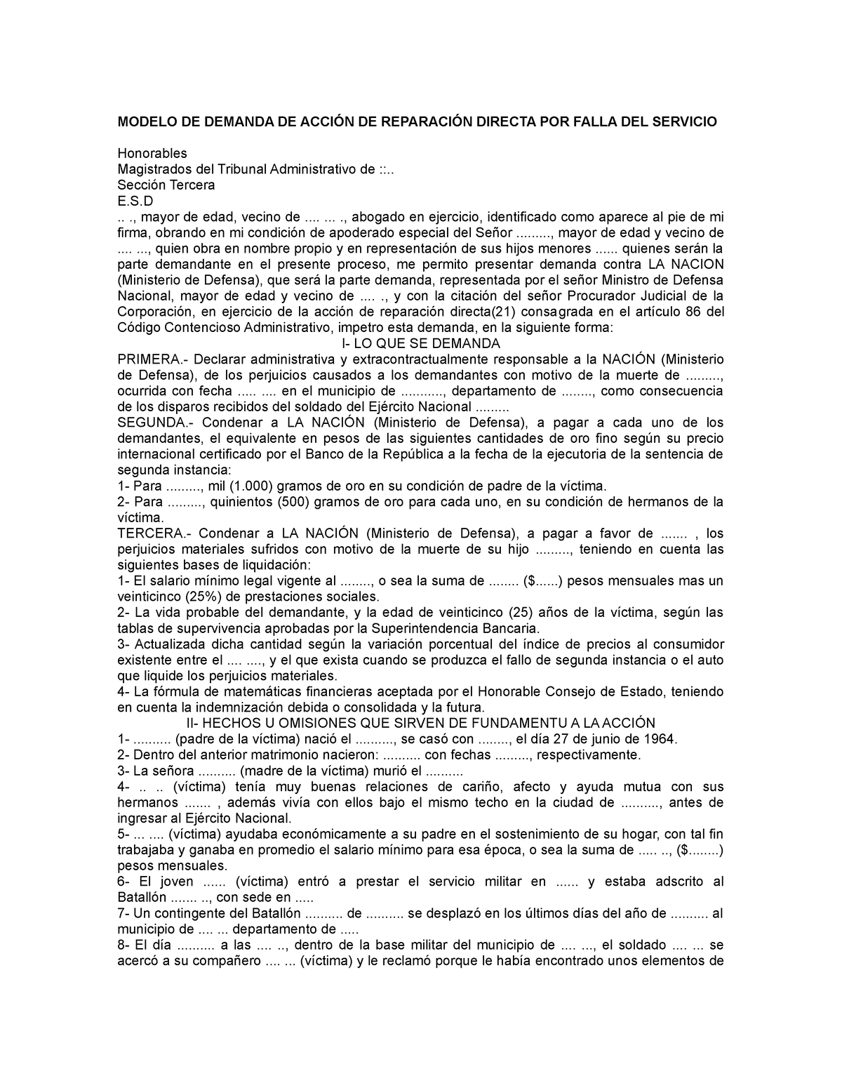 Modelo DE Demanda DE Acción DE Reparación Directa POR Falla DEL Servicio -  MODELO DE DEMANDA DE - Studocu
