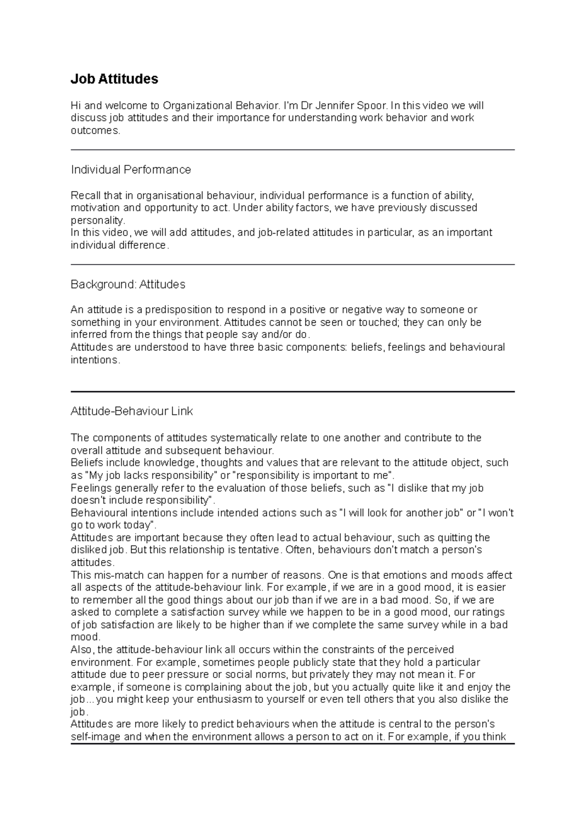 Transcript 2.3 Attitudes - Job Attitudes Hi and welcome to ...