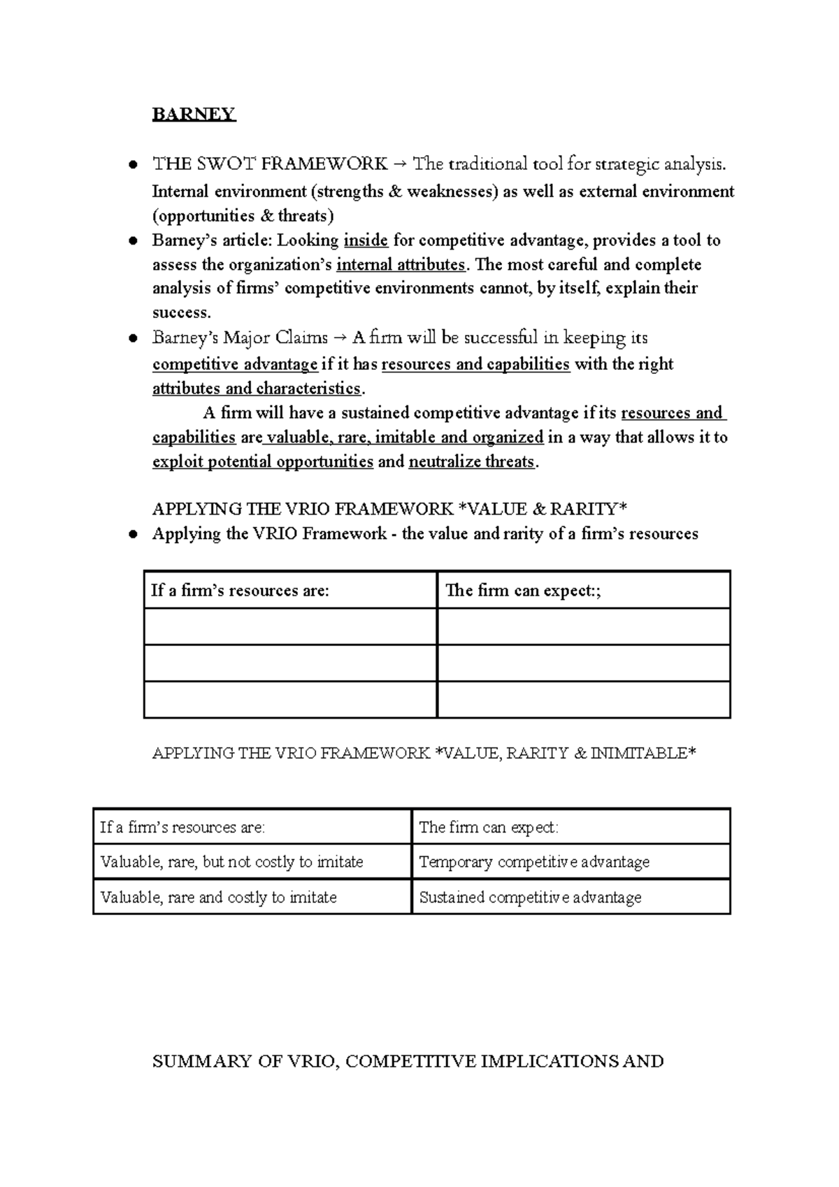 02 02 2023 COMM 210 Notes - BARNEY THE SWOT FRAMEWORK → The traditional ...