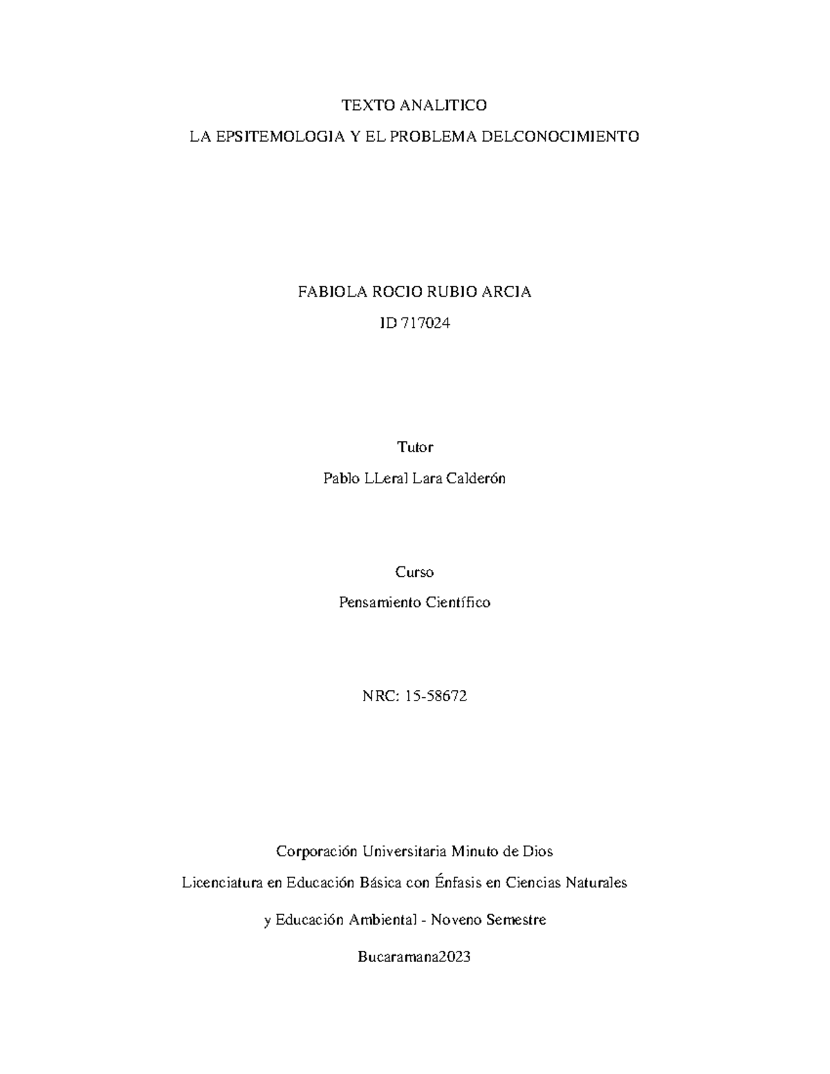Texto Analitico - ,,,,, - TEXTO ANALITICO LA EPSITEMOLOGIA Y EL ...