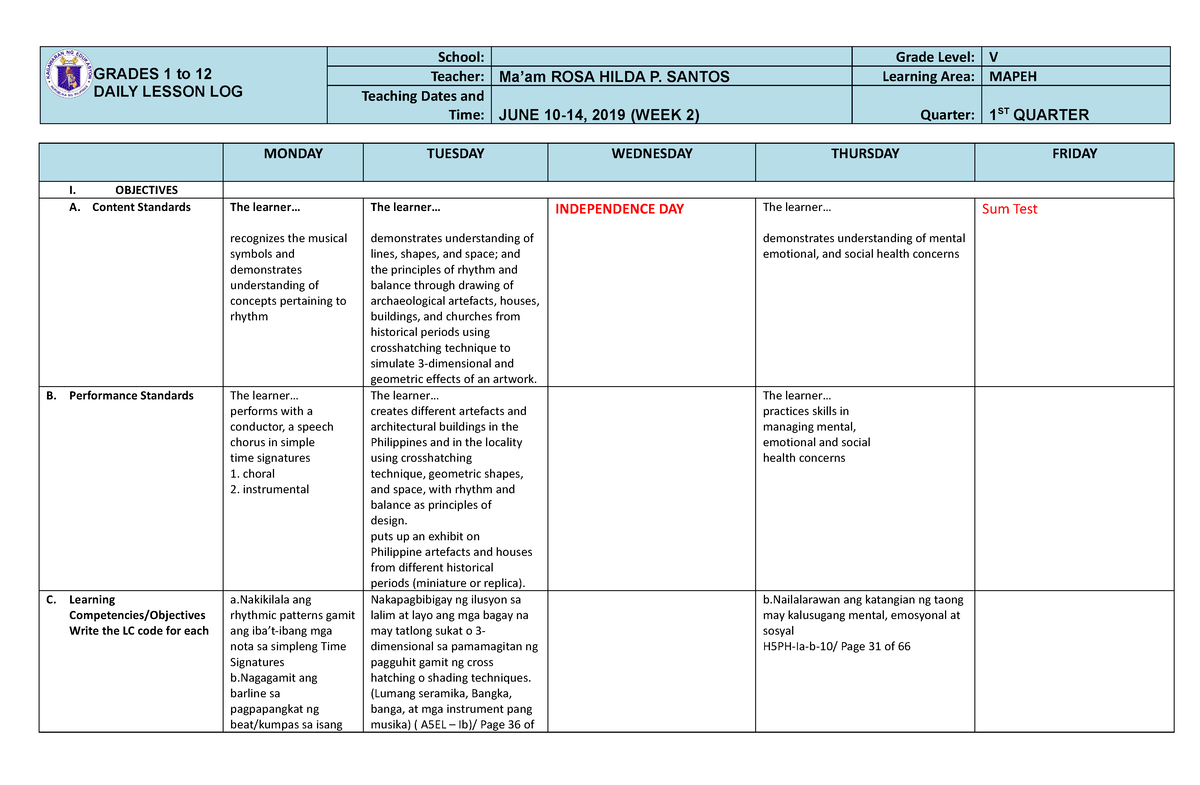 Mapeh 5 Q1 W2 DLL - Daily Lesson Log - GRADES 1 To 12 DAILY LESSON LOG ...