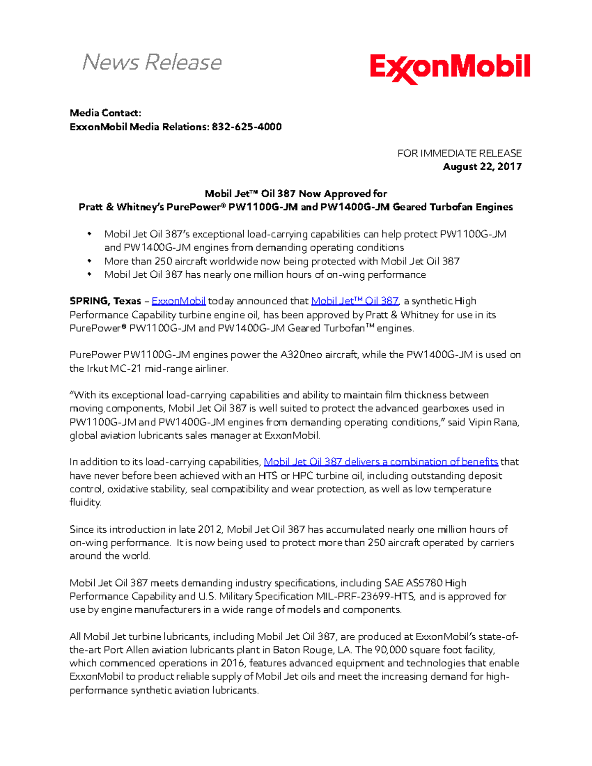 Mobil Jet Oil 387 PW1100 and 1400 8717 Media Contact ExxonMobil