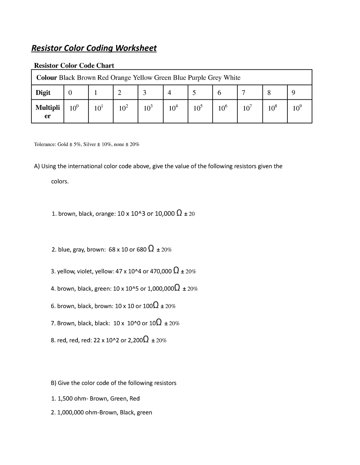 Class Practice resistor color codeb - Resistor Color Coding Worksheet ...