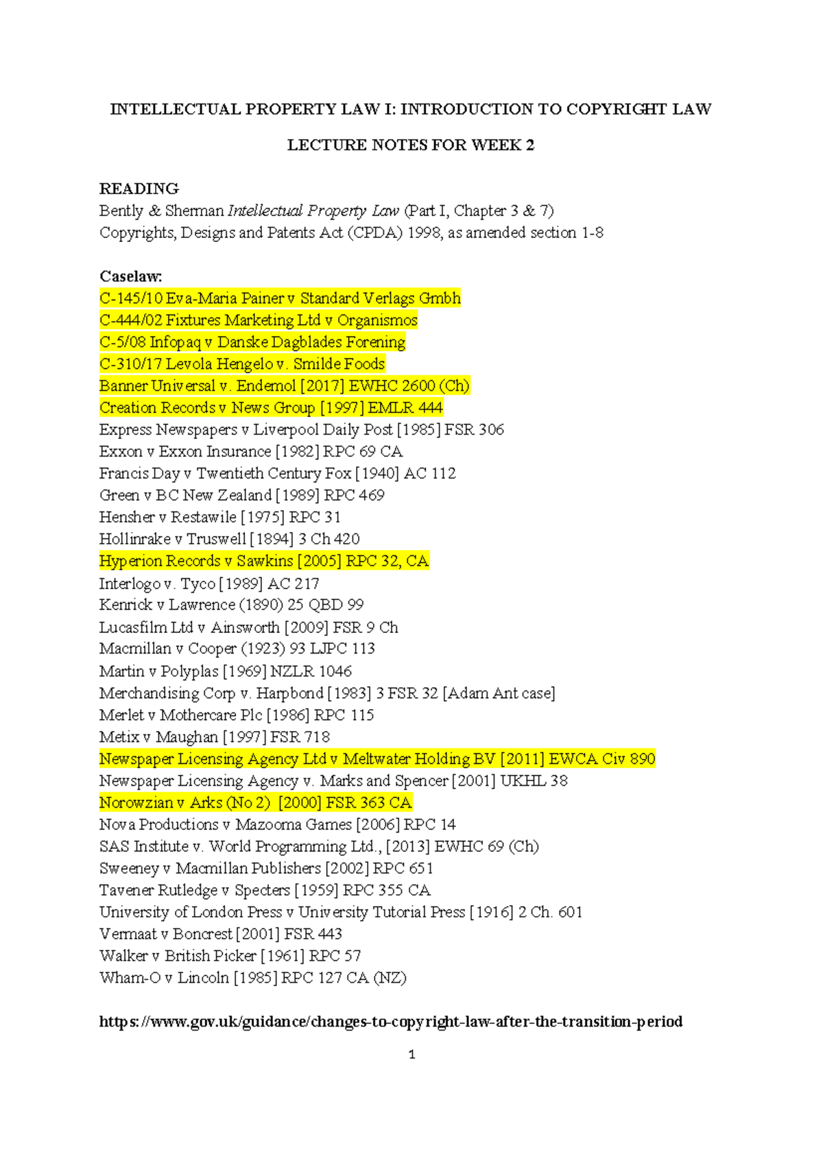 Lecture Notes for Week 2 Subject Matter of Copyrights - INTELLECTUAL ...