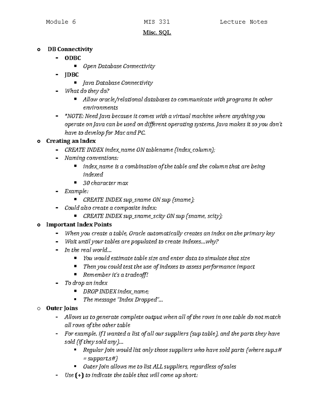 Misc. SQL - Teacher: Stephen Pentland - Module 6 MIS 331 Lecture Notes ...