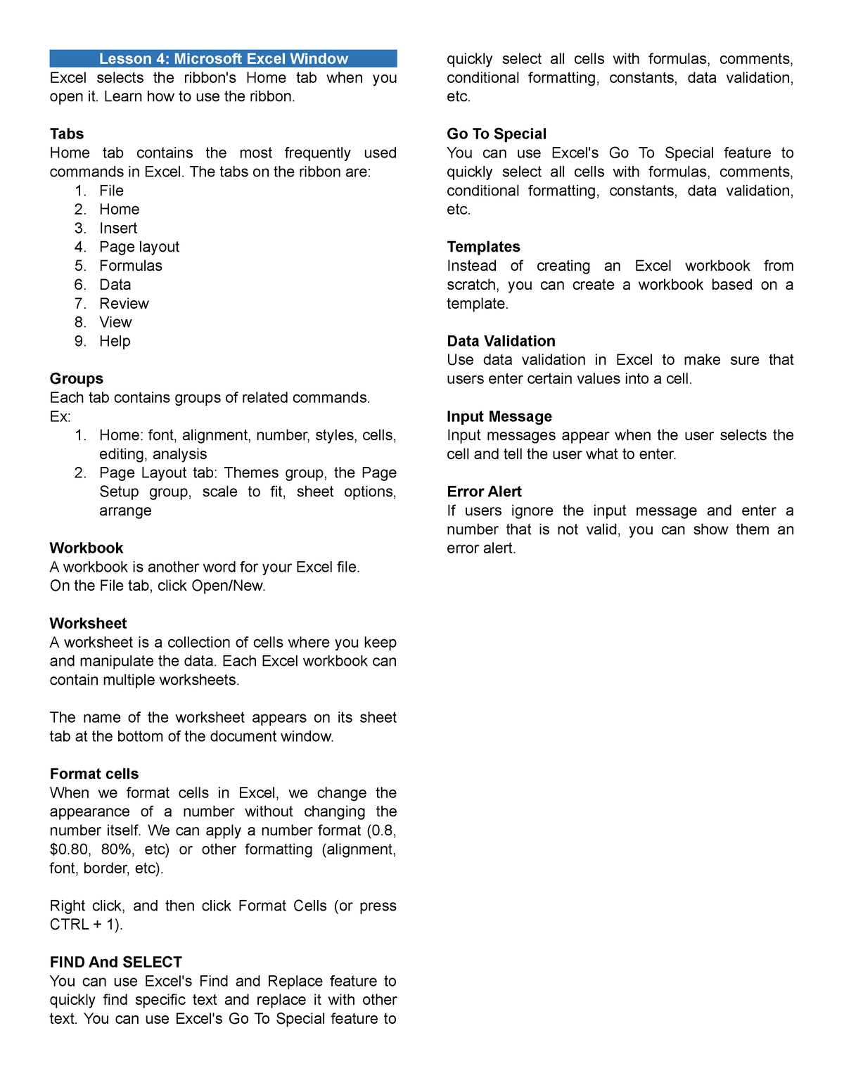 IT-QUIZ2- Reviewer - Lesson 4: Microsoft Excel Window Excel selects the ...