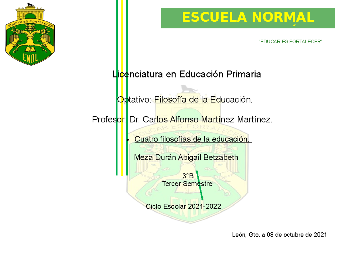 Cuatro Filosofias de la educación - “EDUCAR ES FORTALECER” ESCUELA