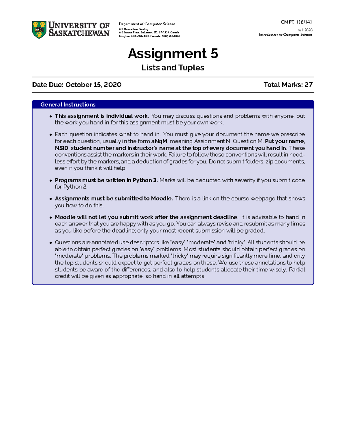 Asn5 - assignment - Department of Computer Science 176 Thorvaldson ...