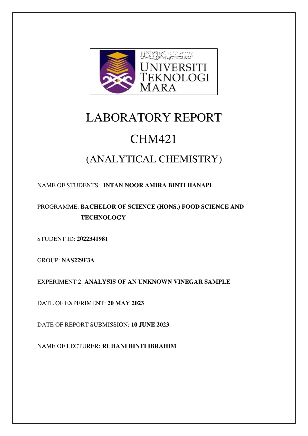 Experiment 2 CHM421 - LABORATORY REPORT CHM (ANALYTICAL CHEMISTRY) NAME ...