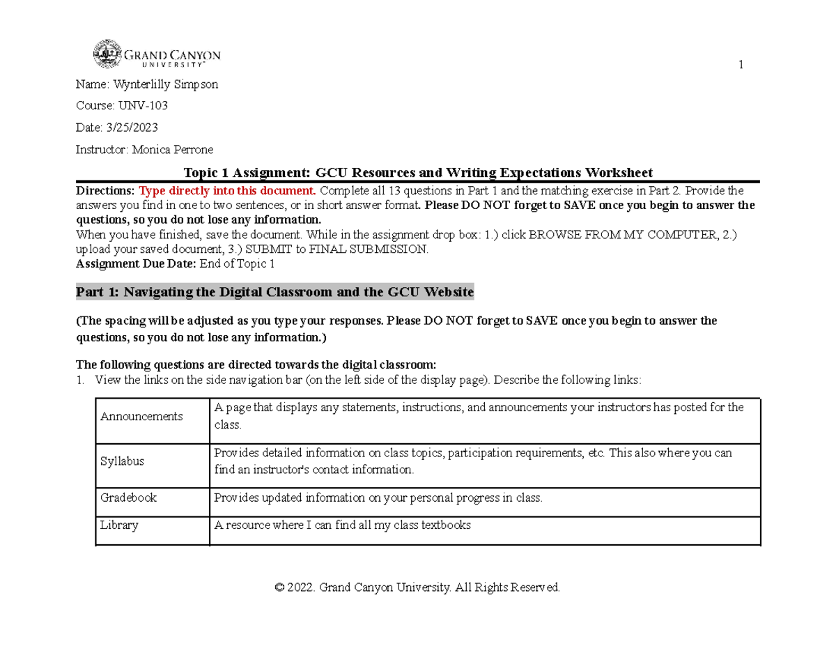 UNV 103 Worksheet - University Success - Name: Wynterlilly Simpson ...