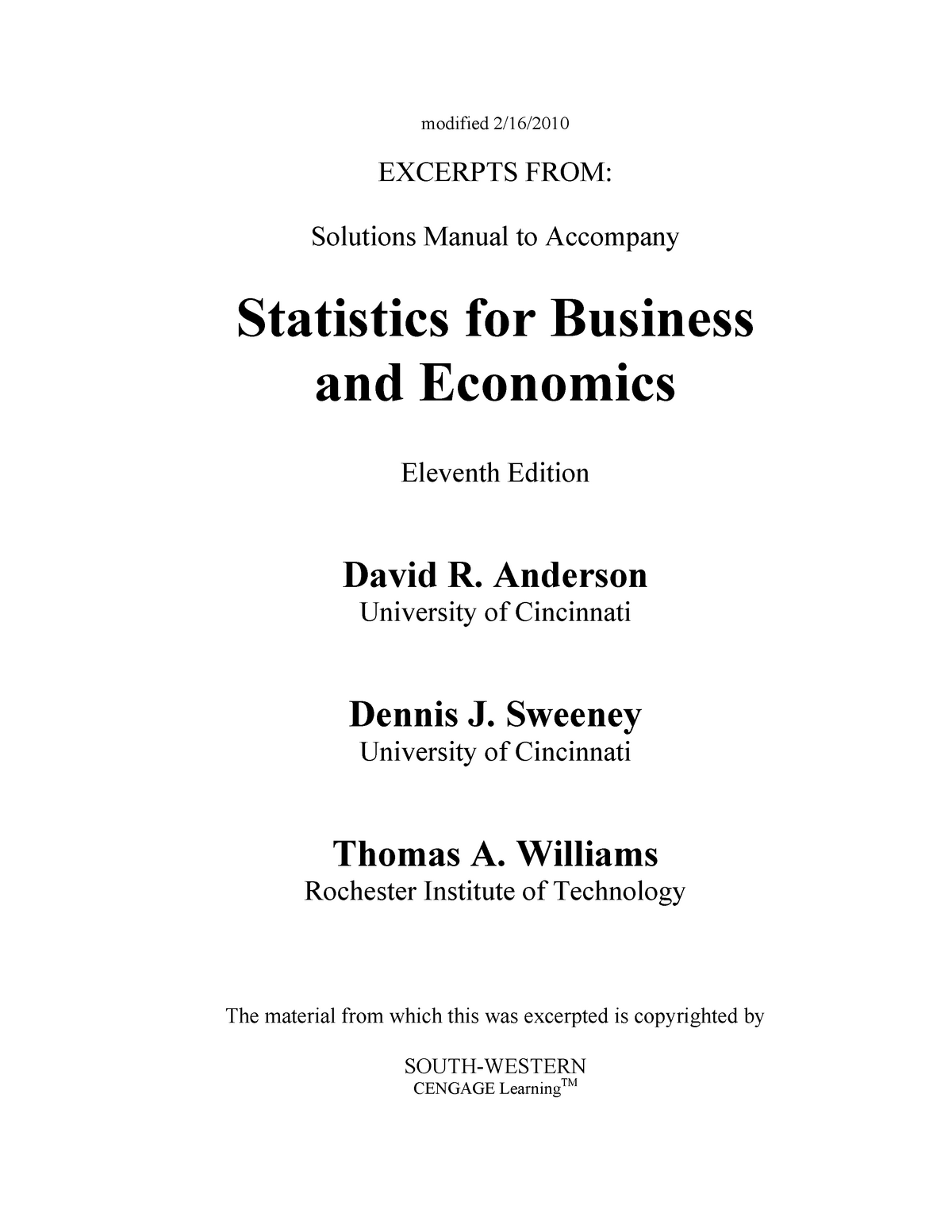 Solutions Manual - Statistics for Business and Economics, 11th Edition - Anderson - modified 2/16/ - Studocu