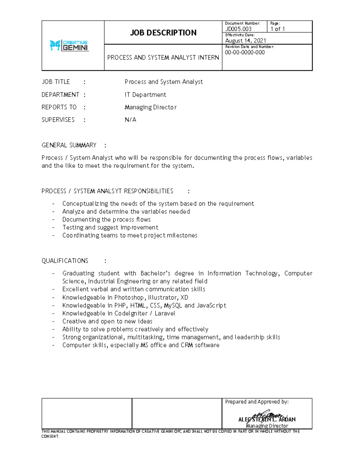 JD005.003 - Process System Analyst - JOB DESCRIPTION Document Number ...