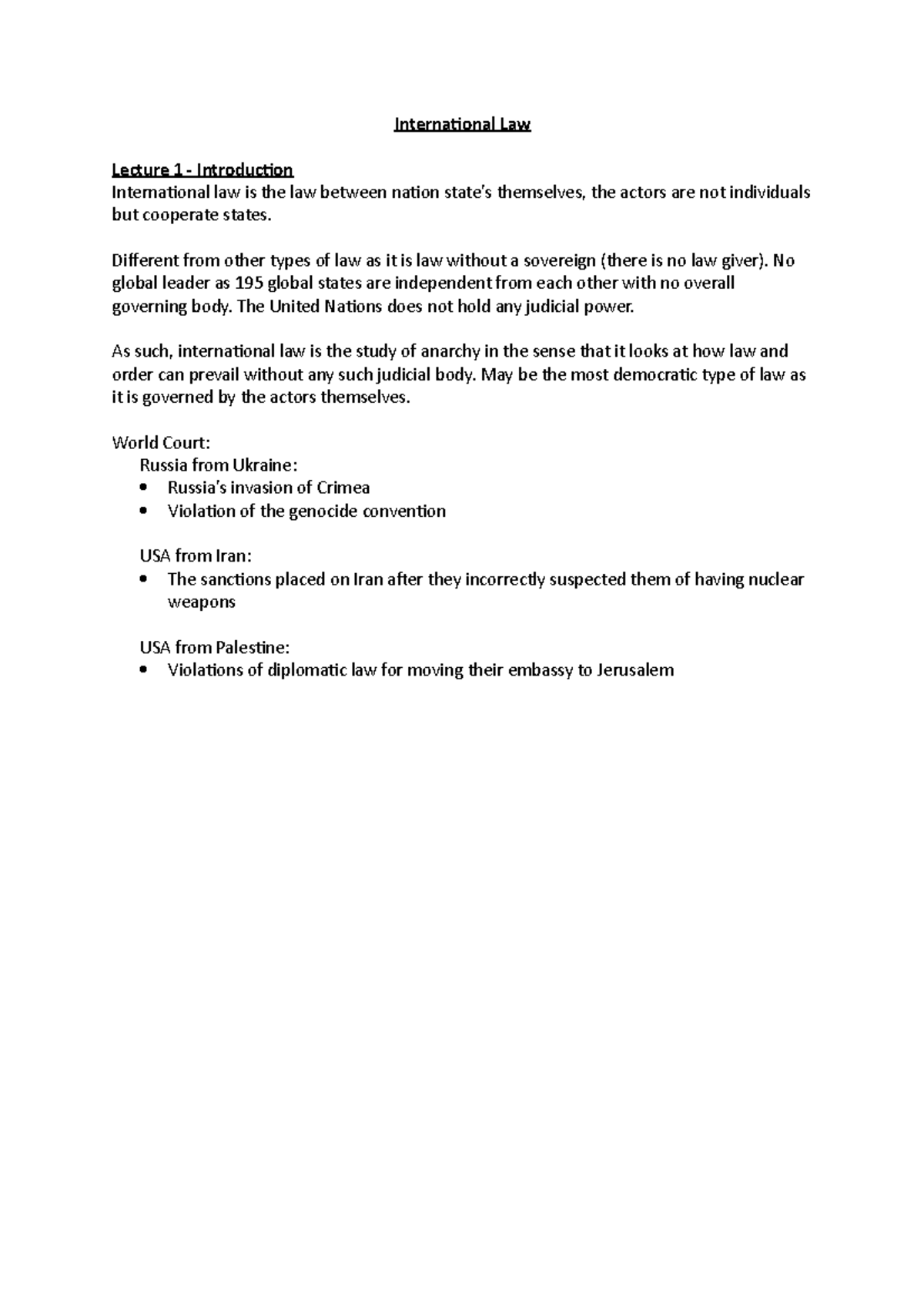 International Law Lecture Notes - International Law Lecture 1 ...