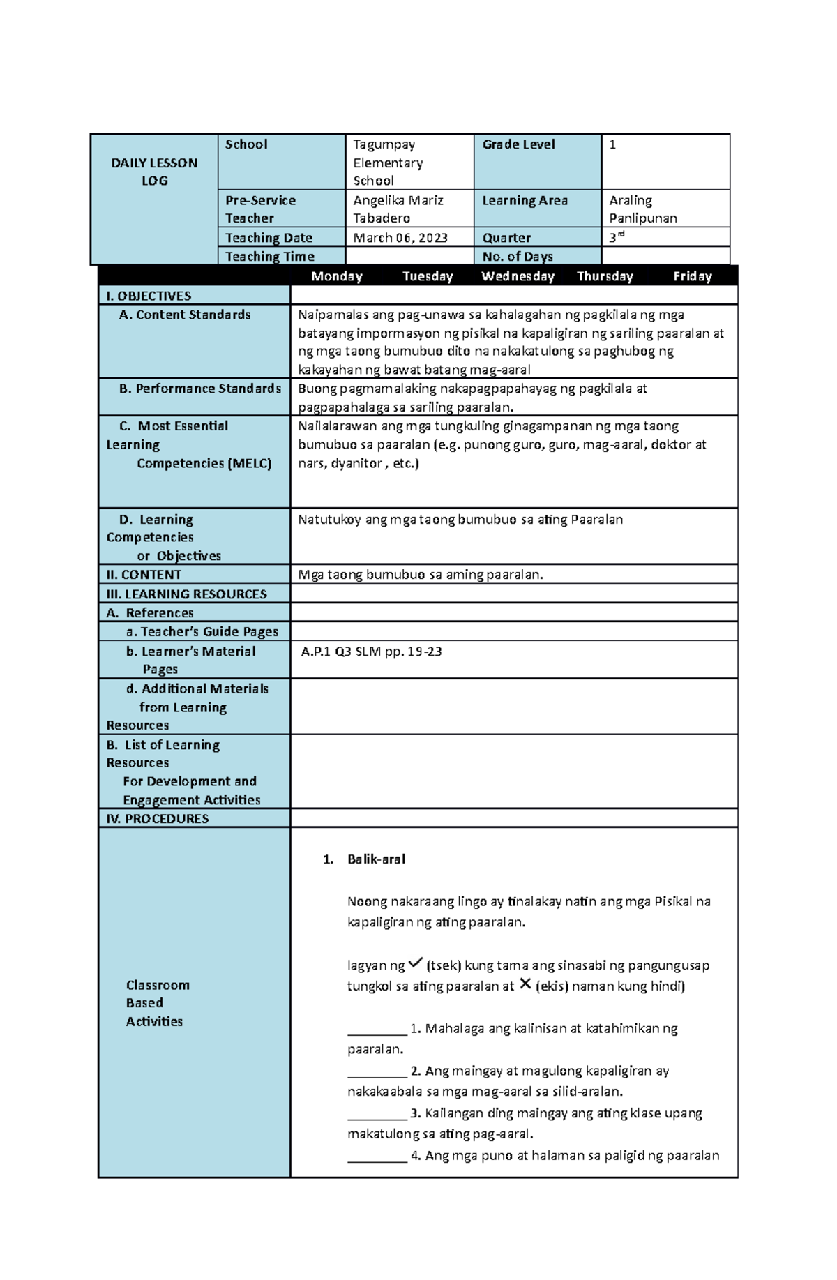 MATH 1 QUARTER 3 WEEK 4 - DAILY LESSON LOG School Tagumpay Elementary ...