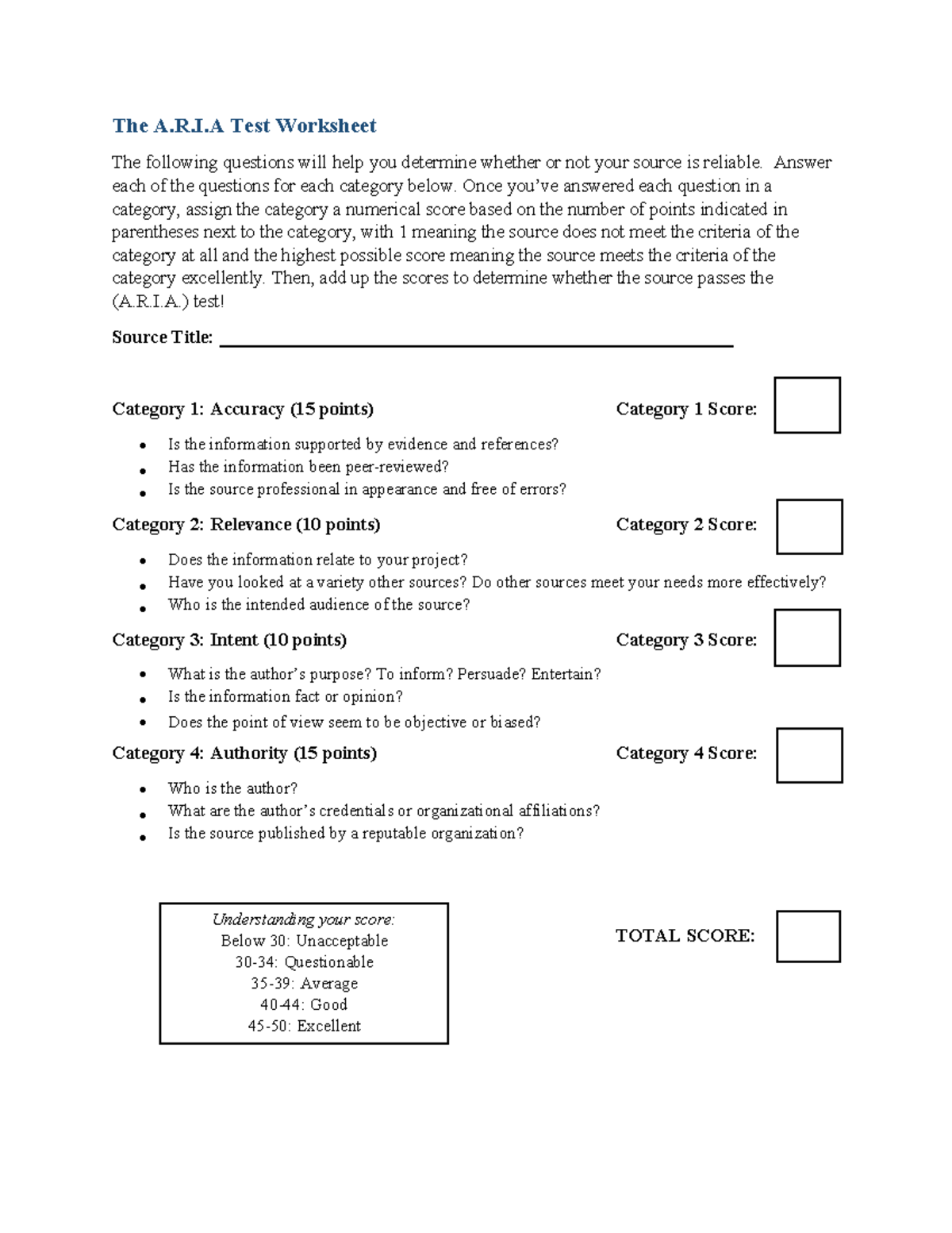 ARIA Test Worksheet The A.R.I Test Works heet The following questions