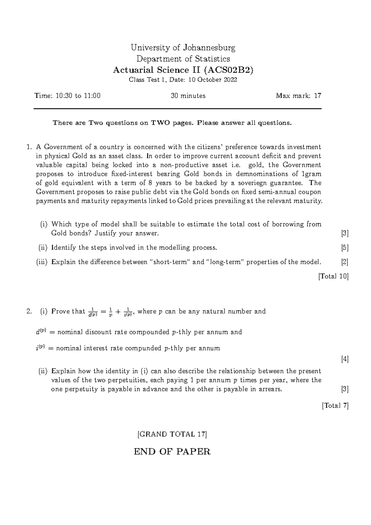 Class Test 1 - TUT TEST - University of Johannesburg Department of ...