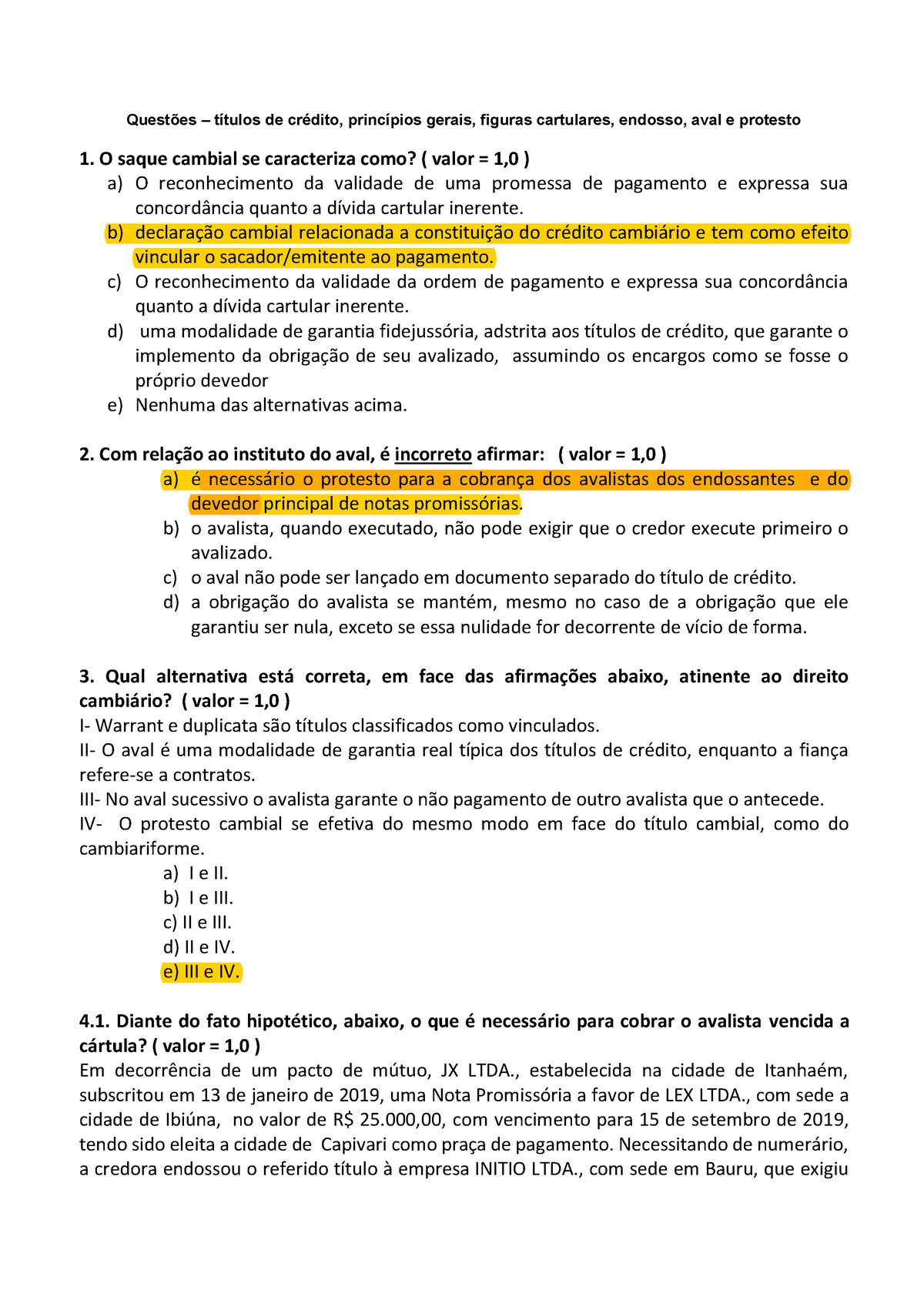 Questionário Títulos De Crédito Endosso Aval E Protesto 2020 Warning Tt Undefined 5028
