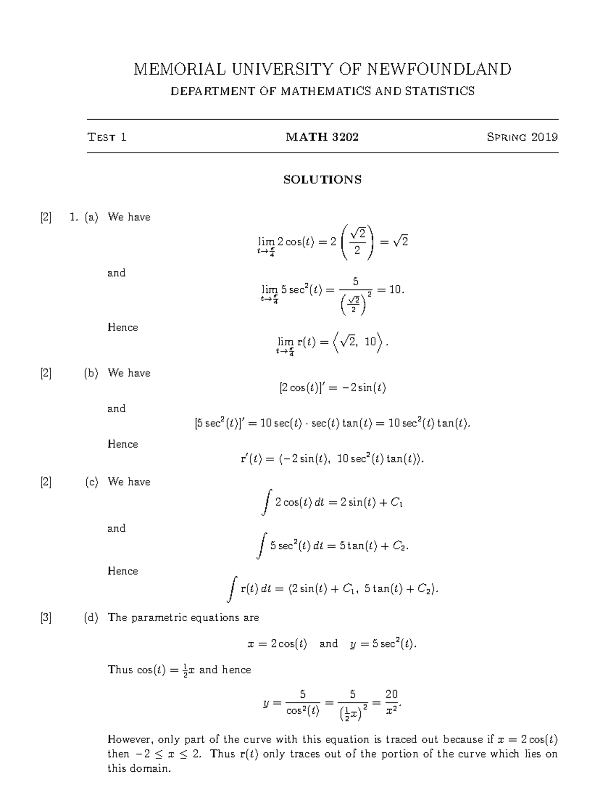 3202 Test1 - Test Solutions - MEMORIAL UNIVERSITY OF NEWFOUNDLAND ...