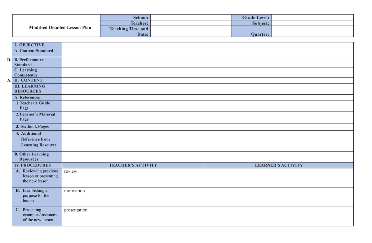 Detailed lesson plan (english) format - Modified Detailed Lesson Plan ...