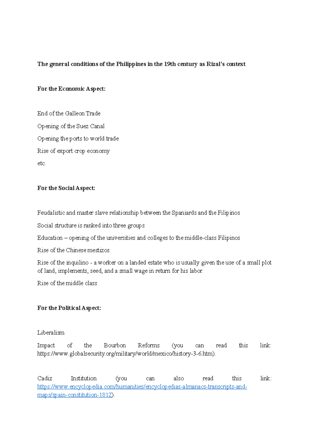 Philippines during Rizal Time The general conditions of the