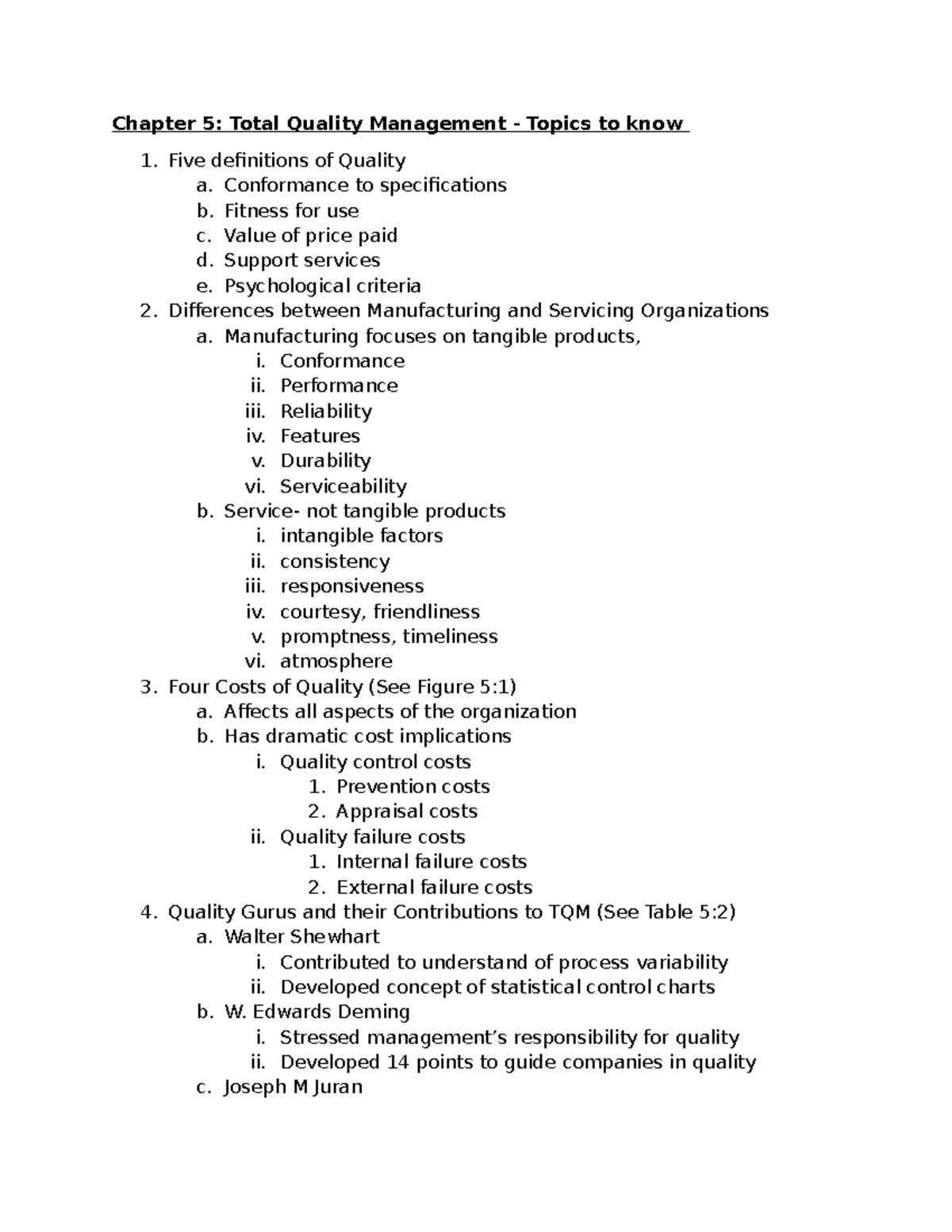 Chapter 5- Topics to Know - Chapter 5: Total Quality Management ...